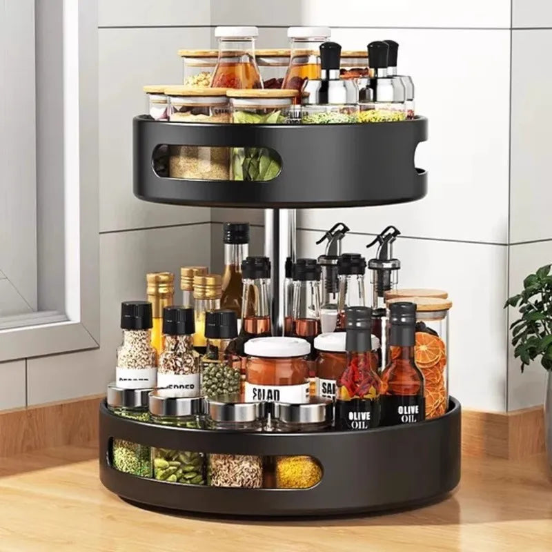 360° Spinning Double-Layer Kitchen Storage Rack Thickened Steel Corner Shelf Adjustable Height Multipurpose Countertop Organizer
