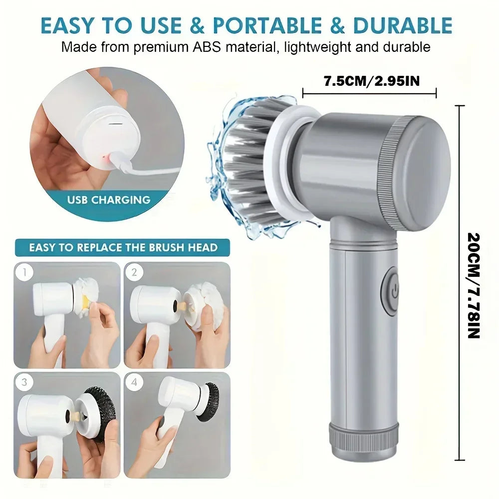 Electric Spin Brush Cleaner Wireless Rechargeable 5 Replaceable Heads Rotating Deep Cleaning Bathroom Kitchen Tiles