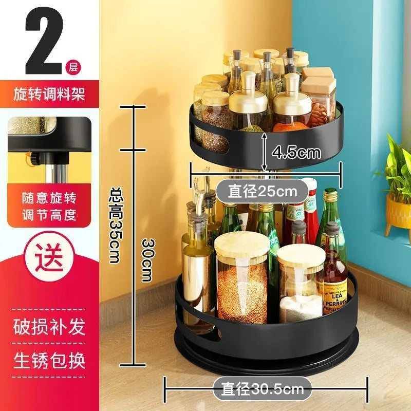 360° Spinning Double-Layer Kitchen Storage Rack Thickened Steel Corner Shelf Adjustable Height Multipurpose Countertop Organizer