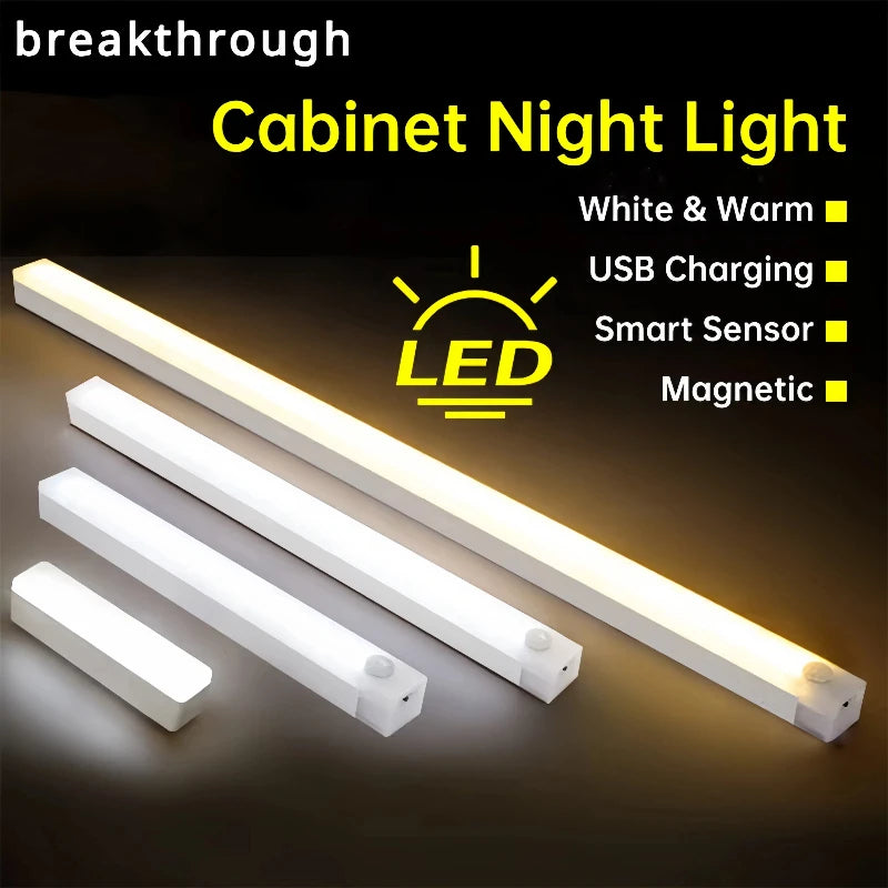 Under Cabinet Light Dimmable LED Motion Sensor Night Light USB Charging Magnetic Induction Lamp for Bedside Wardrobe Stairway