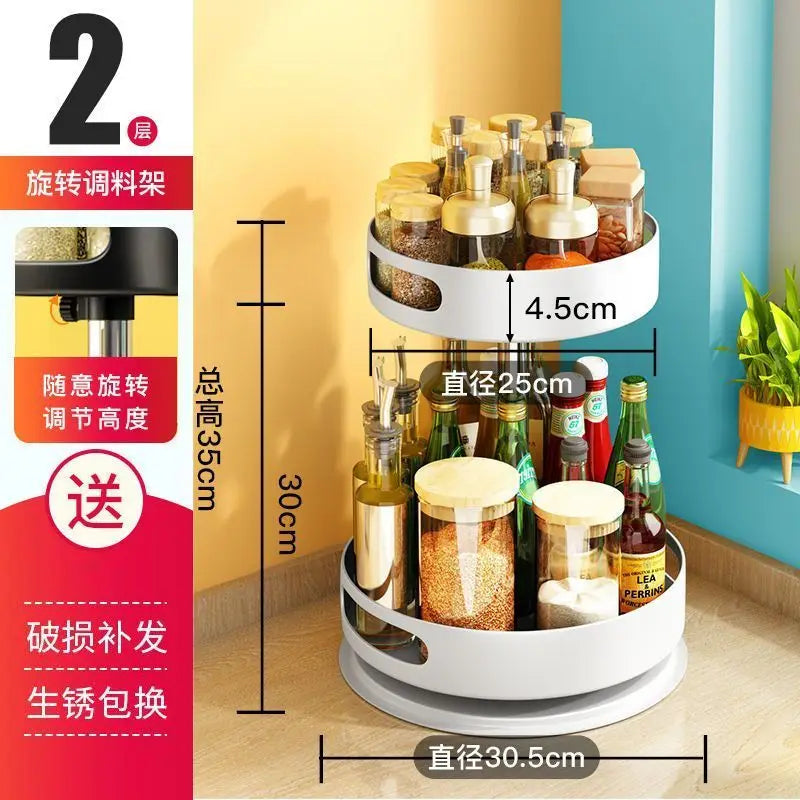 360° Spinning Double-Layer Kitchen Storage Rack Thickened Steel Corner Shelf Adjustable Height Multipurpose Countertop Organizer