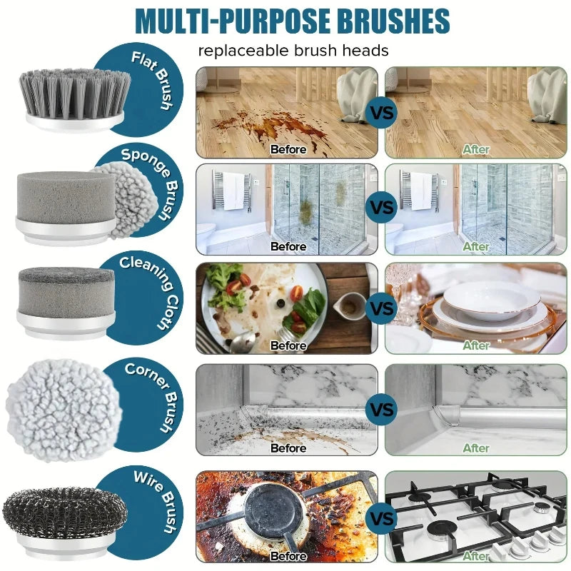 Electric Spin Brush Cleaner Wireless Rechargeable 5 Replaceable Heads Rotating Deep Cleaning Bathroom Kitchen Tiles