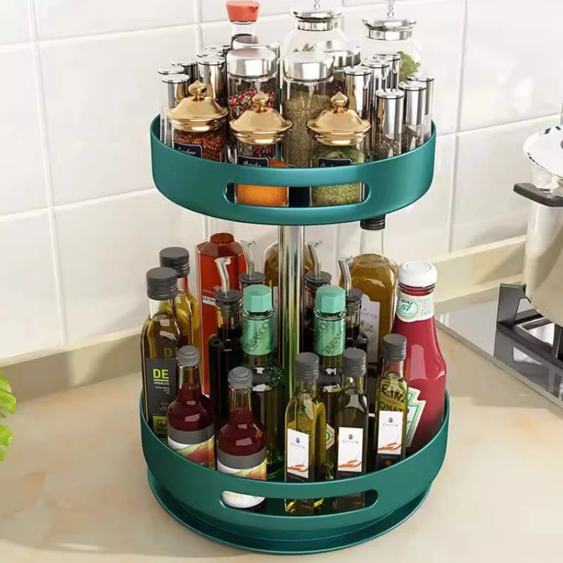 360° Spinning Double-Layer Kitchen Storage Rack Thickened Steel Corner Shelf Adjustable Height Multipurpose Countertop Organizer